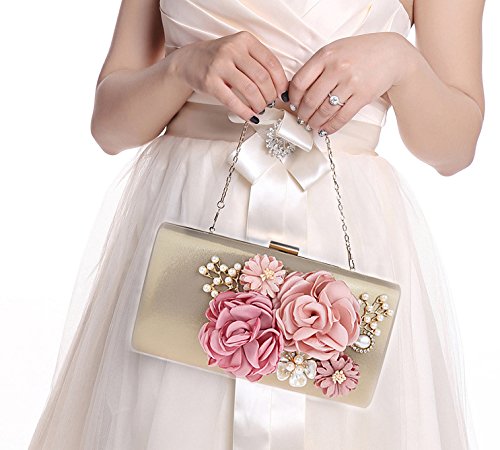 keland Bolso de mano de noche de flores de satén para mujer Embrague Perla moldeada (Dorado)