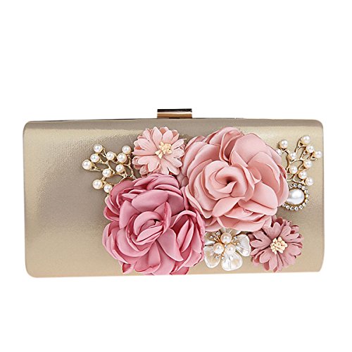 keland Bolso de mano de noche de flores de satén para mujer Embrague Perla moldeada (Dorado)