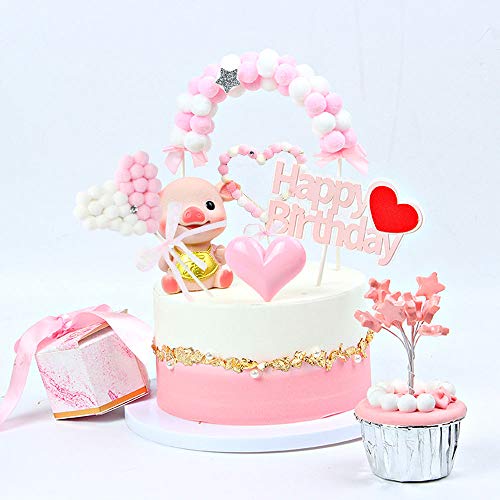 Keleily arco iris Pastel de cumpleaños Topper pompón Nubes puente de arco Banderas en forma de corazón pompón Decoración de pastel de bolita (7 piezas, rosa)