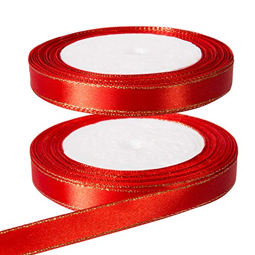 Kesote 2 Rollo de Cinta Raso Rojo Cinta de Tela de Doble Cara para Regalo Decoración (12 mm de Ancho)