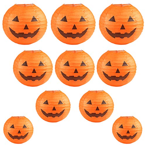 Kesote Halloween Linternas de Papel Redondos 10 Farolillos con Calabazas de Diferentes Tamaños (6"/ 8" / 10"/ 12") Decoración de Halloween, Naranja