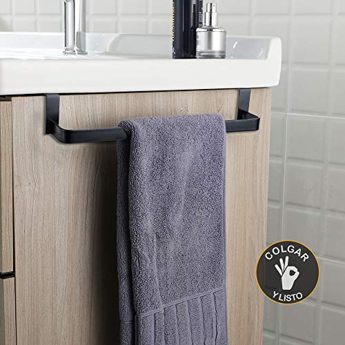 Kibath 438423 Toallero de acero inoxidable. Sin taladros para mueble de baño. Acabado en negro mate. Largo 36cm. Colocación sin necesidad de herramientas, 36 cm