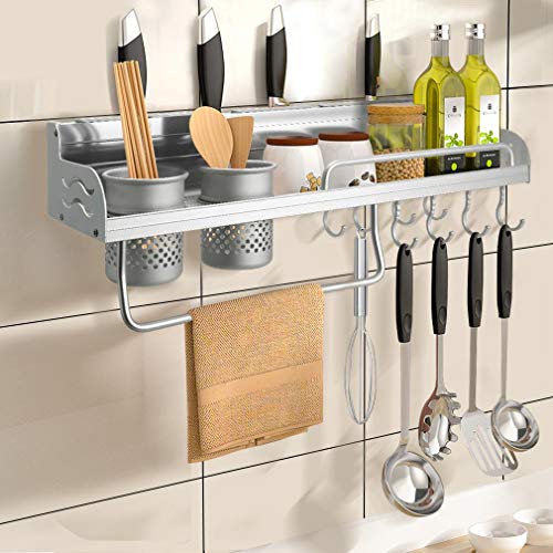 KINLO Soportes Adhesivos para Utensilios de Cocina 【Des.Cuento】de Aluminio Inoxidable Baldas Pared Sin Perforación con 3 Tazas y 10 Ganchos Estantería para Ducha con 2 Capas No caerá- Soporta 5k