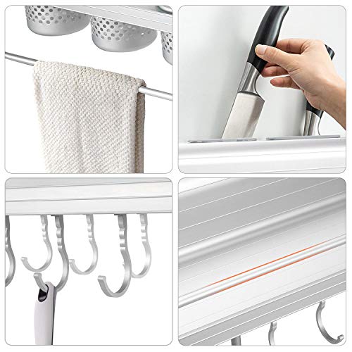 KINLO Soportes Adhesivos para Utensilios de Cocina 【Des.Cuento】de Aluminio Inoxidable Baldas Pared Sin Perforación con 3 Tazas y 10 Ganchos Estantería para Ducha con 2 Capas No caerá- Soporta 5k