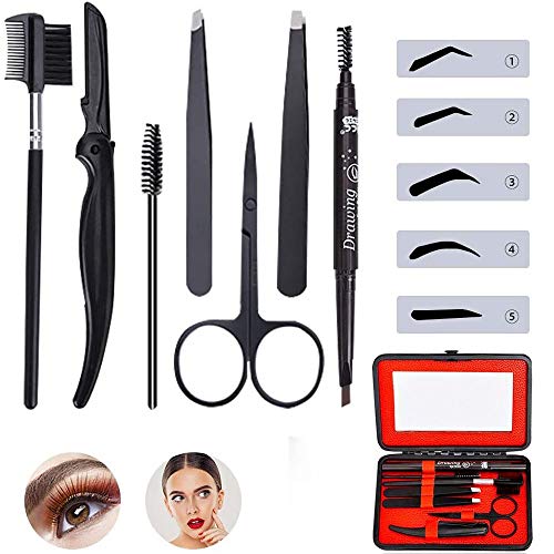 Kit Cuidado de las Cejas - Set 12 Piezas con Navaja,espejo,Cepillo,Pinzas,Tijeras,etc- Todo en un Estuche - Kit Perfecto dar Forma a las Cejas - Grooming Set acero inoxidable para mujeres/hombres