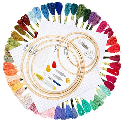 Kit de Inicio de Bordado, GuKKK Hilos de Bordar, 102 Pcs Kit de Bordado, 50 Hilos de Color, 5 Piezas Bastidor para Bordar, Hilos de Punto de Cruz, Agujas y Accesorios Completos Herramienta de Coser