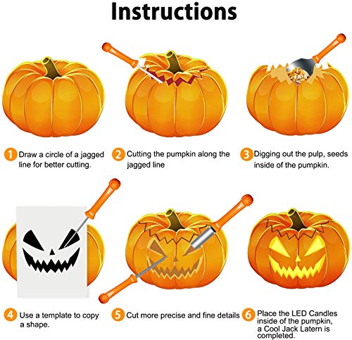 Kit de Talla de Calabaza de Halloween 6 Piezas con 4 lámparas LED, Herramienta profesional de Corte de Calabaza para niños y adultos, Acero Inoxidable duradero, con Bolsa de Transporte y 10 Plantillas