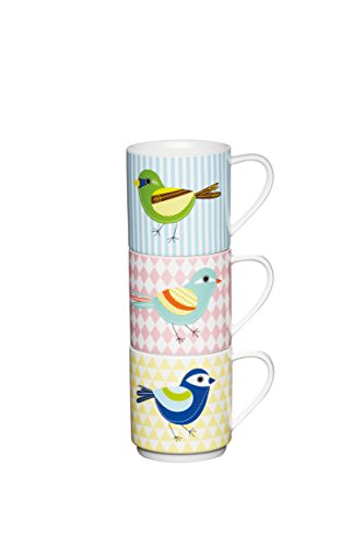 Kitchen Craft – Fine Bone China 'Diamond & Taza de apilamiento de pájaros, 340 ml, color blanco y rosa