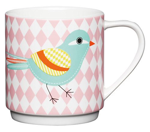 Kitchen Craft – Fine Bone China 'Diamond & Taza de apilamiento de pájaros, 340 ml, color blanco y rosa