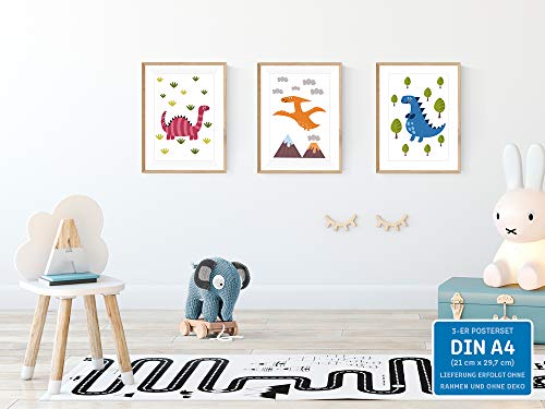 kizibi Juego de 3 Dinos DIN A4 póster para habitación Infantil y habitación de bebé, póster Decorativo para niños y niñas, diseño de Dinosaurios