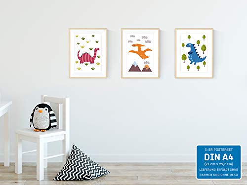 kizibi Juego de 3 Dinos DIN A4 póster para habitación Infantil y habitación de bebé, póster Decorativo para niños y niñas, diseño de Dinosaurios