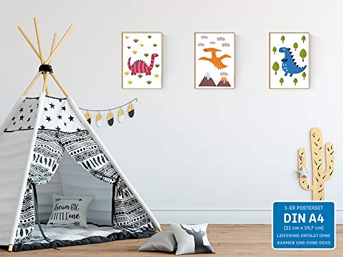 kizibi Juego de 3 Dinos DIN A4 póster para habitación Infantil y habitación de bebé, póster Decorativo para niños y niñas, diseño de Dinosaurios