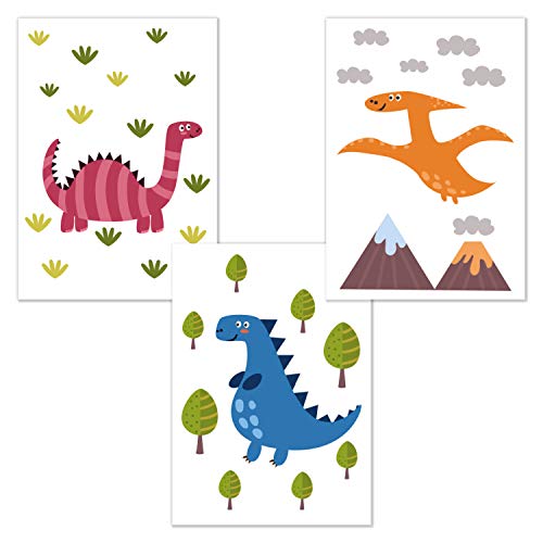 kizibi Juego de 3 Dinos DIN A4 póster para habitación Infantil y habitación de bebé, póster Decorativo para niños y niñas, diseño de Dinosaurios