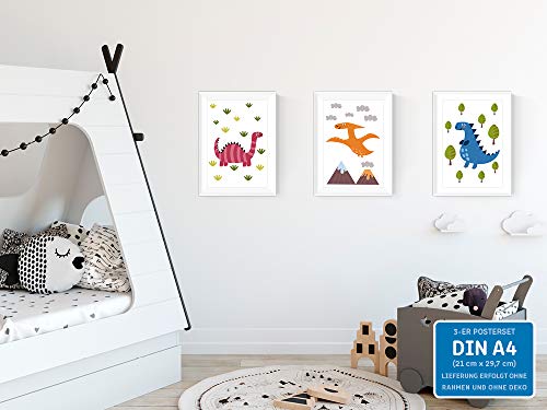 kizibi Juego de 3 Dinos DIN A4 póster para habitación Infantil y habitación de bebé, póster Decorativo para niños y niñas, diseño de Dinosaurios