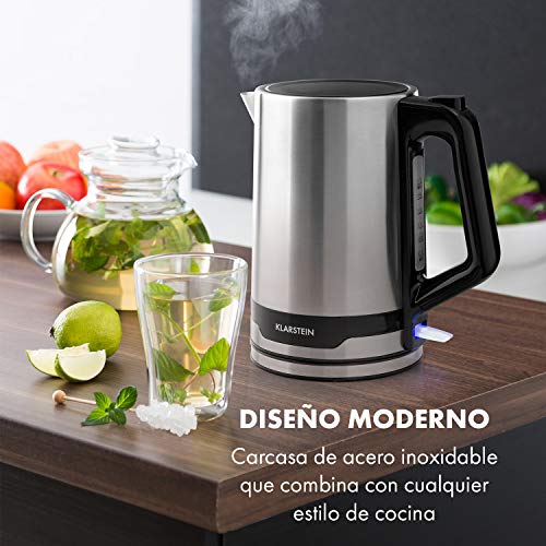 Klarstein Arabica hervidor de agua - 2200 W, Capacidad de 0,7 a 1,7 litros, Indicador de volumen de agua, Interruptor alumbrado, Apagado automático, Acero inoxidable