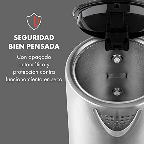 Klarstein Arabica hervidor de agua - 2200 W, Capacidad de 0,7 a 1,7 litros, Indicador de volumen de agua, Interruptor alumbrado, Apagado automático, Acero inoxidable