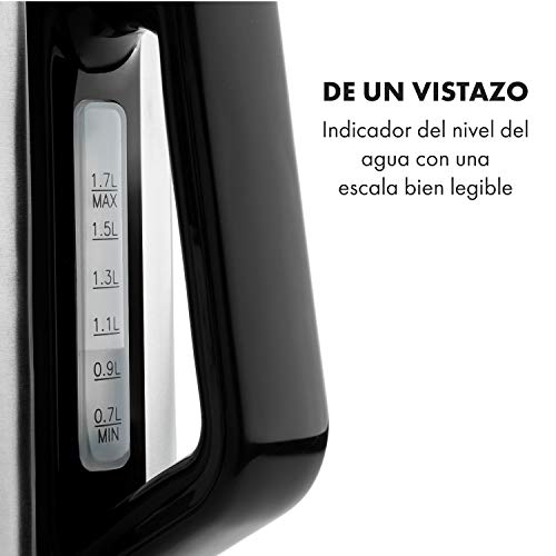 Klarstein Arabica hervidor de agua - 2200 W, Capacidad de 0,7 a 1,7 litros, Indicador de volumen de agua, Interruptor alumbrado, Apagado automático, Acero inoxidable