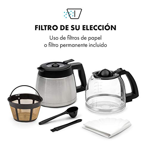 Klarstein Aromatica II Duo - Máquina de café con molinillo cónico, 5 niveles, Jarra de cristal 1,25 L, Temporizador 24h, Filtro de carbón activo, Potencia 1000 W, Antigoteo, Display LED, Plateado