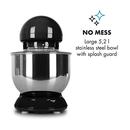 Klarstein Bella Nera - Robot de cocina, Batidora, Amasadora, 1200 W, 5,2 litros, 1,6 PS, Batido planetario, 6 niveles de velocidad, Recipiente de acero inoxidable, Negro