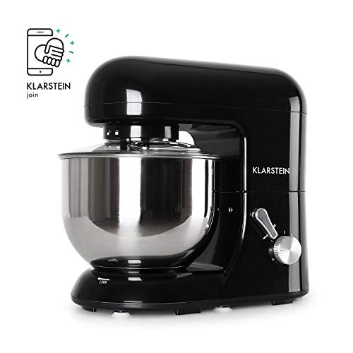 Klarstein Bella Nera - Robot de cocina, Batidora, Amasadora, 1200 W, 5,2 litros, 1,6 PS, Batido planetario, 6 niveles de velocidad, Recipiente de acero inoxidable, Negro