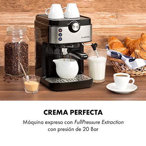 Klarstein BellaVita Espresso - Máquina de espresso, 1575 vatios, 20 bar, FullPressure, Capacidad de 900ml, One Touch Control, Boquilla de vapor móvil, Acero inoxidable, Negro/plateado