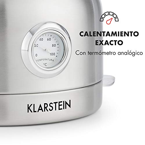 Klarstein Carlina - Hervidor de agua, Volumen: 1,7 L, Potencia: 1850-2200 W, Diseño clásico, Base de 360°, Diámetro base: 18 cm, Termostato analógico, Acero inoxidable