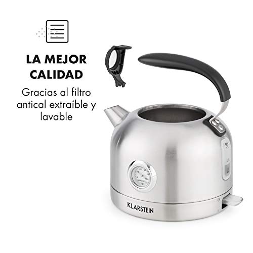 Klarstein Carlina - Hervidor de agua, Volumen: 1,7 L, Potencia: 1850-2200 W, Diseño clásico, Base de 360°, Diámetro base: 18 cm, Termostato analógico, Acero inoxidable