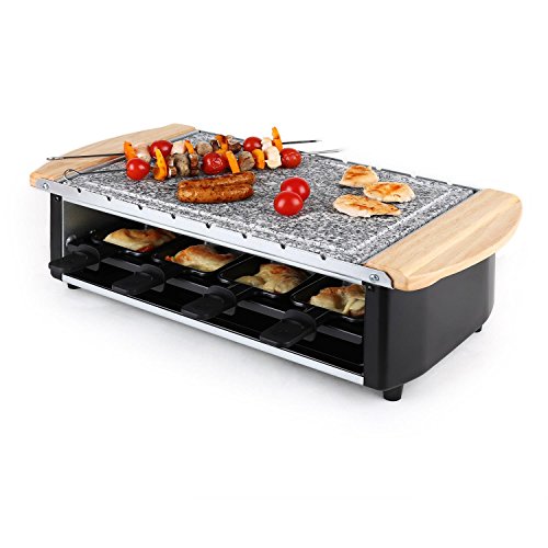 KLARSTEIN Chateubriand Raclette-Grill - Parrilla de mesa, Barbacoa-Party, 1200W, Regulador, Plancha piedra natural, Grill bajo en grasa extraíble, Antiadherente, Negro-plateado