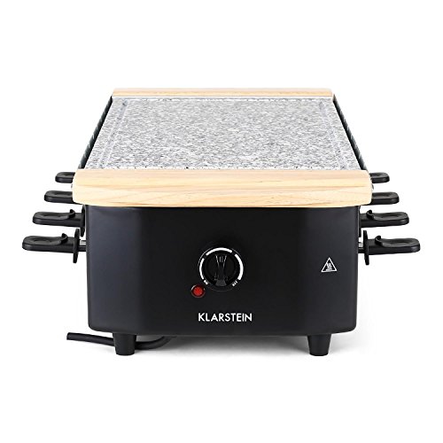 KLARSTEIN Chateubriand Raclette-Grill - Parrilla de mesa, Barbacoa-Party, 1200W, Regulador, Plancha piedra natural, Grill bajo en grasa extraíble, Antiadherente, Negro-plateado