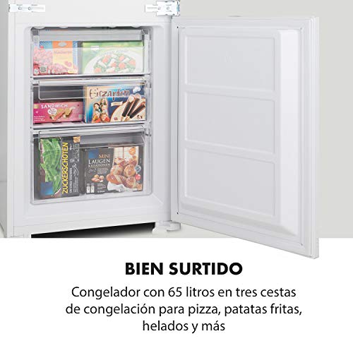 Klarstein CoolZone 250 Eco nevera con congelador - Nevera combi, Nevera para montar, 250 L, 5 niveles de temperatura, 5 baldas, 3 cestas de congelador, Iluminación LED, Blanco