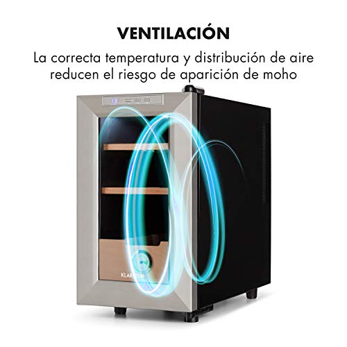 Klarstein El Presidente 23 Humidor - Humidificador Puros, 50 W, Panel táctil, 38 dB, Cajón de Madera, 23 litros, 100-150 Puros, LED, Plateado