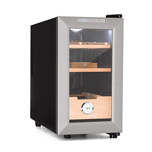 Klarstein El Presidente 23 Humidor - Humidificador Puros, 50 W, Panel táctil, 38 dB, Cajón de Madera, 23 litros, 100-150 Puros, LED, Plateado