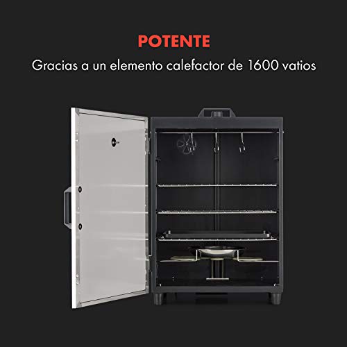 Klarstein Flintstone Steel Horno de ahumar - Ahumador, 1600 W, Termostato, Termómetro, 3 Parrillas para ahumar, Puerta de acero, Cierre magnético, Válvula de ventilación, Acero inoxidable