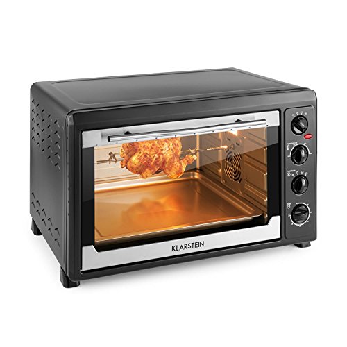 Klarstein Masterchef 60 - Mini Horno, Horno, Pincho Giratorio, 60 L, 2500 W, 6 Puntos de Calor, 100-230° C, Calor Superior, Calor Inferior, Acero INOX, Luz Interior, Temporizador, Negro