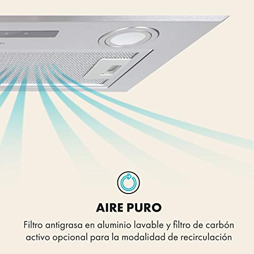 Klarstein Paolo Extractor de humos - Campana extractora montada, 52 cm de ancho, Absorción de 600 m³/h, 200 W, Filtro de grasa de aluminio, Panle táctil LED, 72 dB, Acero inoxidable, Plateado