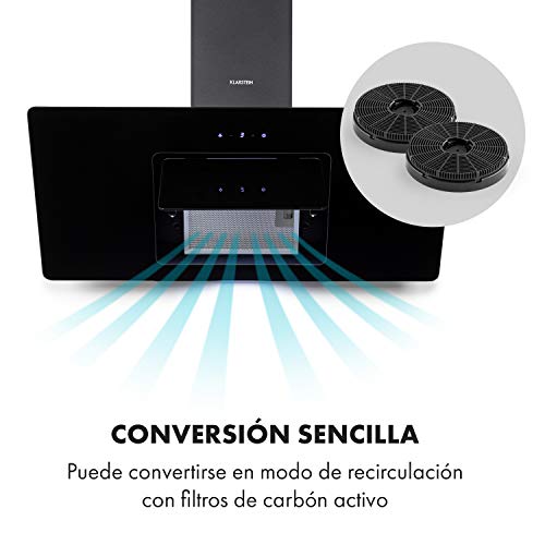 Klarstein Sofia 90 campana extractora, compacta, 90 cm, clase B, 300 m³/h, extracción y ventilación, iluminación LED, control táctil, carcasa de vidrio, extractor de humos, extractor de pared, negro