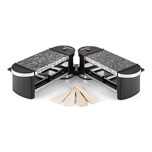 Klarstein Tenderloin Mini Raclette - Parrilla de sobremesa, Barbacoa-Party, 600 W, 4 mini-sartenes y espátula de madera, Antiadherente, 2x parrilla metálica, Negro-plateado