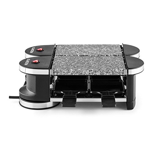 Klarstein Tenderloin Mini Raclette - Parrilla de sobremesa, Barbacoa-Party, 600 W, 4 mini-sartenes y espátula de madera, Antiadherente, 2x parrilla metálica, Negro-plateado