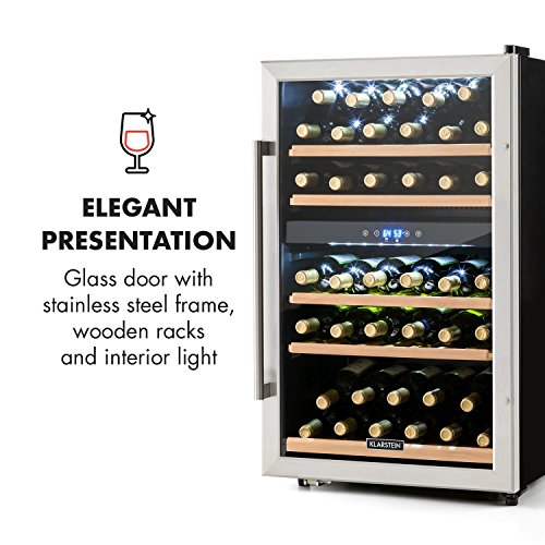 KLARSTEIN Vinamour - Nevera para vinos, Nevera para Bebidas, Refrigerador gastronomía, 2 Zonas, Iluminación LED, Módulo Independiente, Silencioso, Acero INOX, 41 Botellas, 5 Baldas, 135 L, Plateado