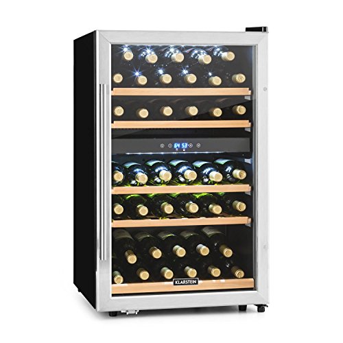 KLARSTEIN Vinamour - Nevera para vinos, Nevera para Bebidas, Refrigerador gastronomía, 2 Zonas, Iluminación LED, Módulo Independiente, Silencioso, Acero INOX, 41 Botellas, 5 Baldas, 135 L, Plateado