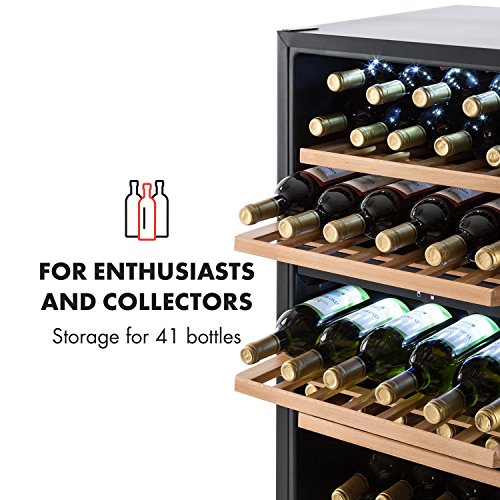 KLARSTEIN Vinamour - Nevera para vinos, Nevera para Bebidas, Refrigerador gastronomía, 2 Zonas, Iluminación LED, Módulo Independiente, Silencioso, Acero INOX, 41 Botellas, 5 Baldas, 135 L, Plateado