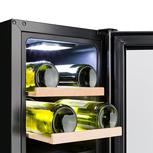 Klarstein Vinovilla Duo17 - Nevera para vinos, Nevera de bebidas, Volumen de 53 litros, 4 estantes de madera, Panel táctil, Iluminación interior LED en tres colores, 2 zonas, Negro