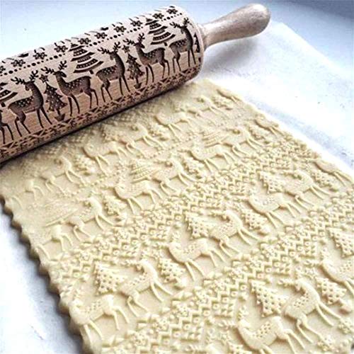 KOBWA Navidad Rodillo Amasar de Madera Embossing Rolling Pin - 35cm - Christmas Venados Navidad Relieve Estampado Madera Natural para Pizza Fondant Dough Galletas