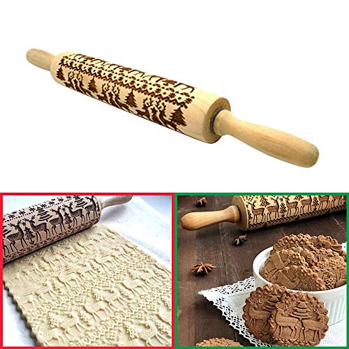 KOBWA Navidad Rodillo Amasar de Madera Embossing Rolling Pin - 35cm - Christmas Venados Navidad Relieve Estampado Madera Natural para Pizza Fondant Dough Galletas