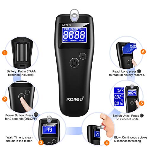 Kollea Alcoholimetro, Alcoholimetro Digital Homologado, Probador de Alcohol con 20 Registros de Almacenamiento y 3 Unidades de Conversión, Profesional Semiconductor de Sensor con LCD, 15 Boquillas