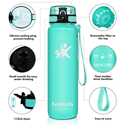 KollyKolla Botella Agua Sin BPA Deportes -500ml, Reutilizables Ecológica Tritan Plástico, Bebidas Botellas con Filtro & Marcador de Tiempo, para Colegio, Tapa Abatible de 1 Clic, Aguamarina Mate