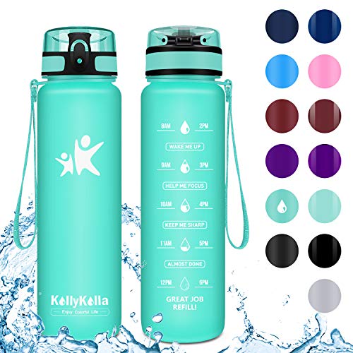 KollyKolla Botella Agua Sin BPA Deportes -500ml, Reutilizables Ecológica Tritan Plástico, Bebidas Botellas con Filtro & Marcador de Tiempo, para Colegio, Tapa Abatible de 1 Clic, Aguamarina Mate