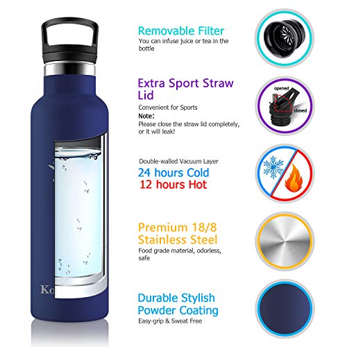 KollyKolla Botella de Agua Acero Inoxidable, Termo Sin BPA Ecológica Reutilizable, Botella Termica con Pajita y Filtro, Water Bottle para Niños & Adultos, Deporte, Oficina, Yoga, (600ml Azul Marino)