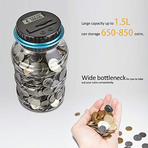 Konesky Contador Digital de Hucha per EUR, Automático Moneda Contando Caja de Dinero, Banco de Dinero Seguro Moneda de Ahorro de Contenedores de Pote Pantalla LCD y Gran Capacid(1.5L)