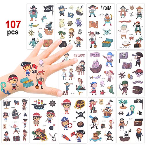 Konsait 100+ Pcs Pirata Tatuaje Niños, Falso Tatuajes temporales Pegatinas para niños Chicos Niñas Pirata Infantiles Fiesta de cumpleaños Regalo piñata